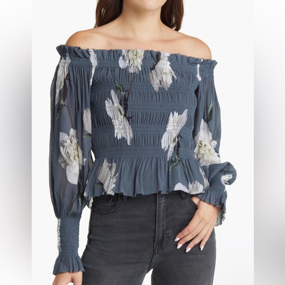 AllSaints Lara Cordelia Shirred Off the Shoulder Blouse Size 8 - Picture 1 of 3